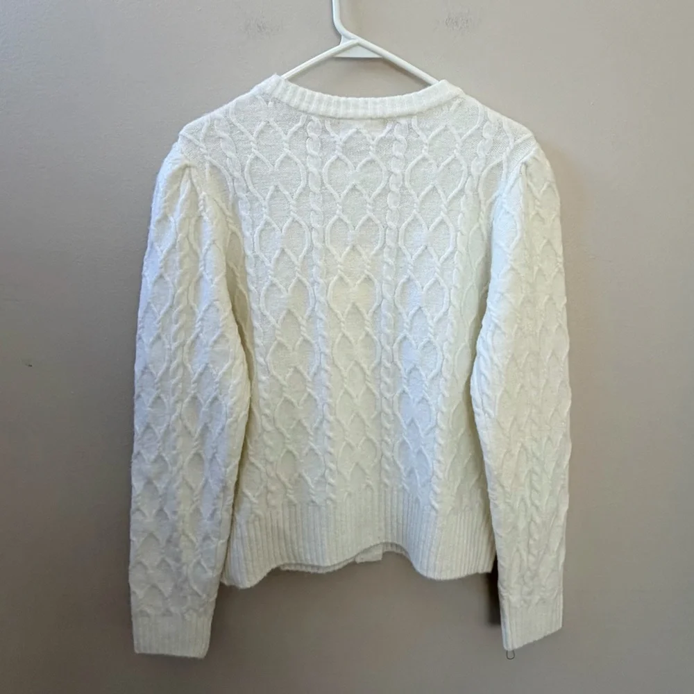 Marled Cable Knit Off White Cardigan Sweater with Pearl Details, Sz S